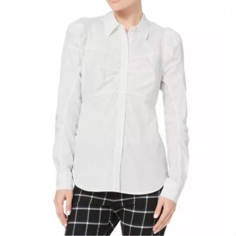 Veronica Beard Candice Pouf Sleeve Buttondown Shirt Polka Dot Print White Black